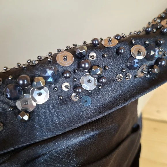 Adrianna Papell Evening Off Shoulder Navy Cocktail Wedding Bridesmaid Dress - Picture 3 of 11